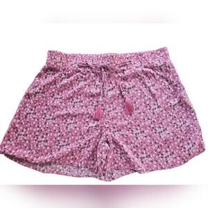 Retrology Shorts Women Medium Casual Floral Elastic Waist Tassled High Rise Pink